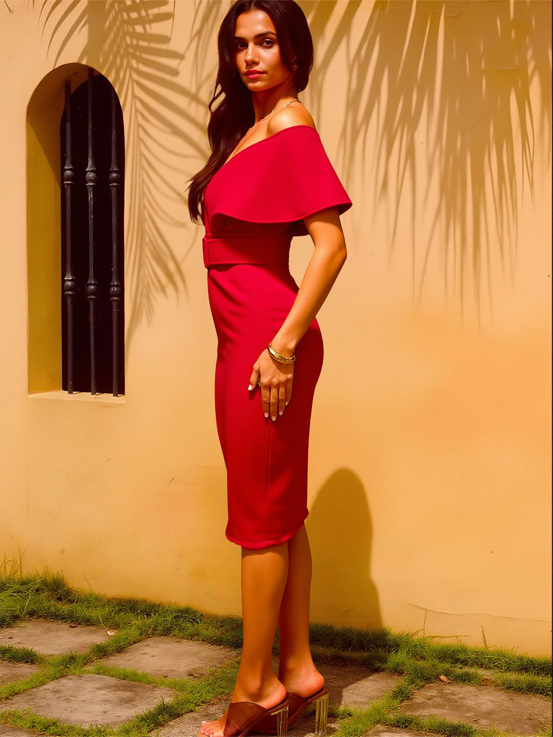 bebe Red Plunge Neck Belted Knee Length Bodycon Dress