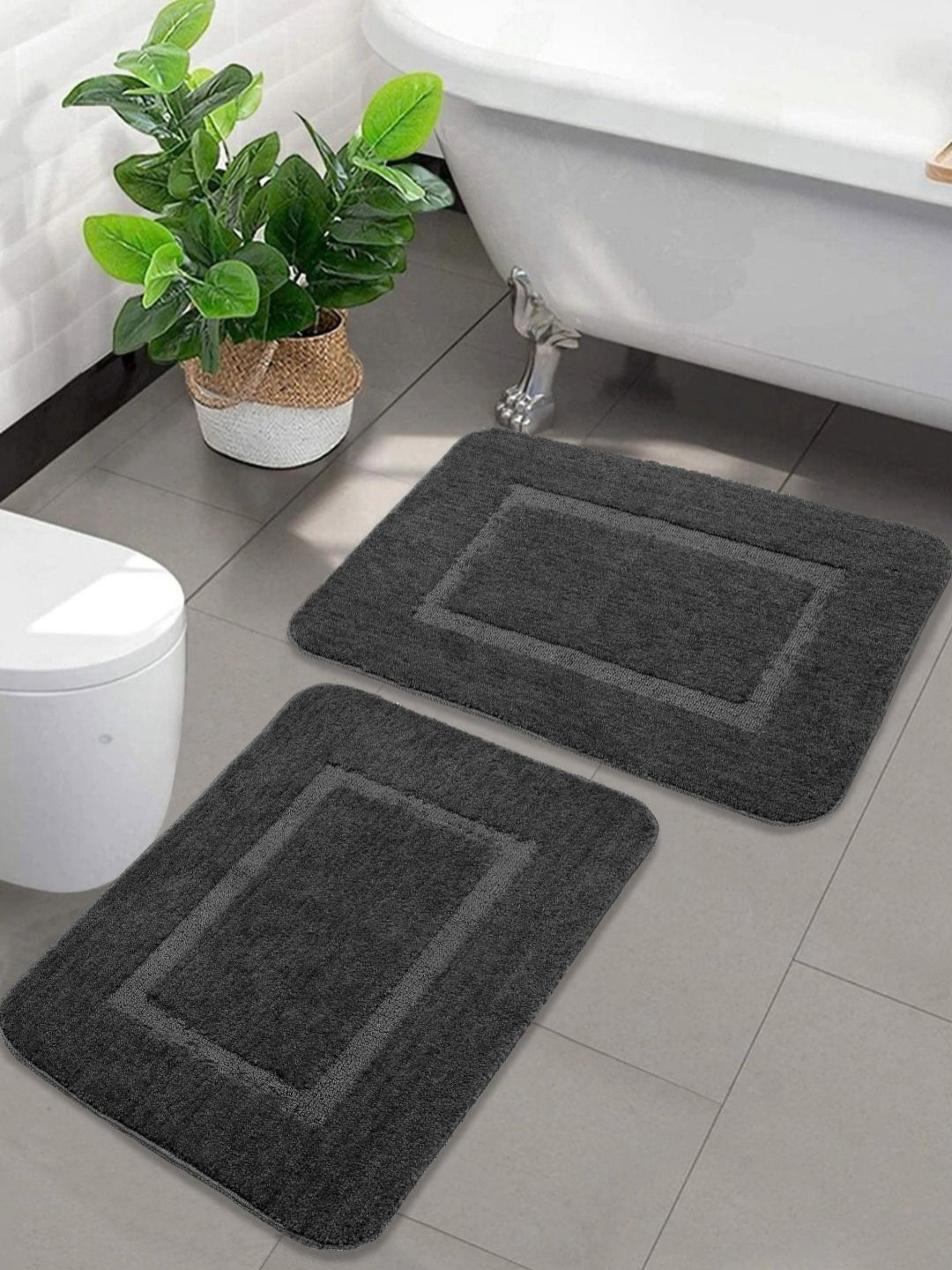 Saral Home 2Pcs Dark-Grey Racer-Track Micro Soft & Water Absorbent Anti-Skid Bath Rug