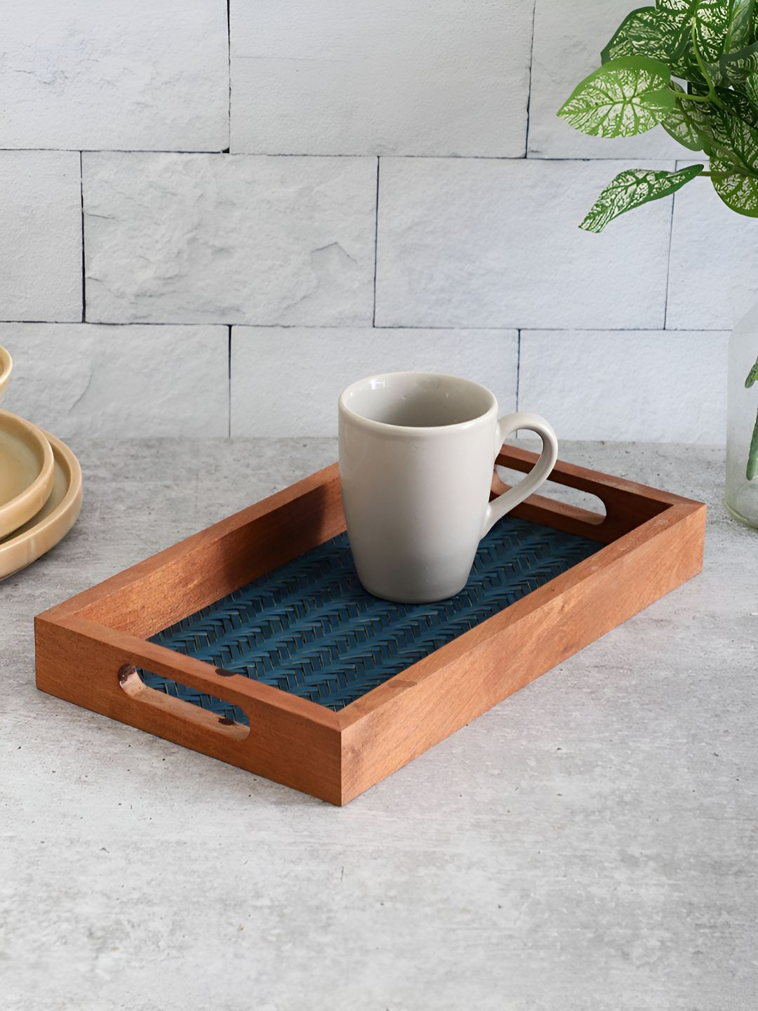 VarEesha Blue Wood Hand-Painted Serving Tray