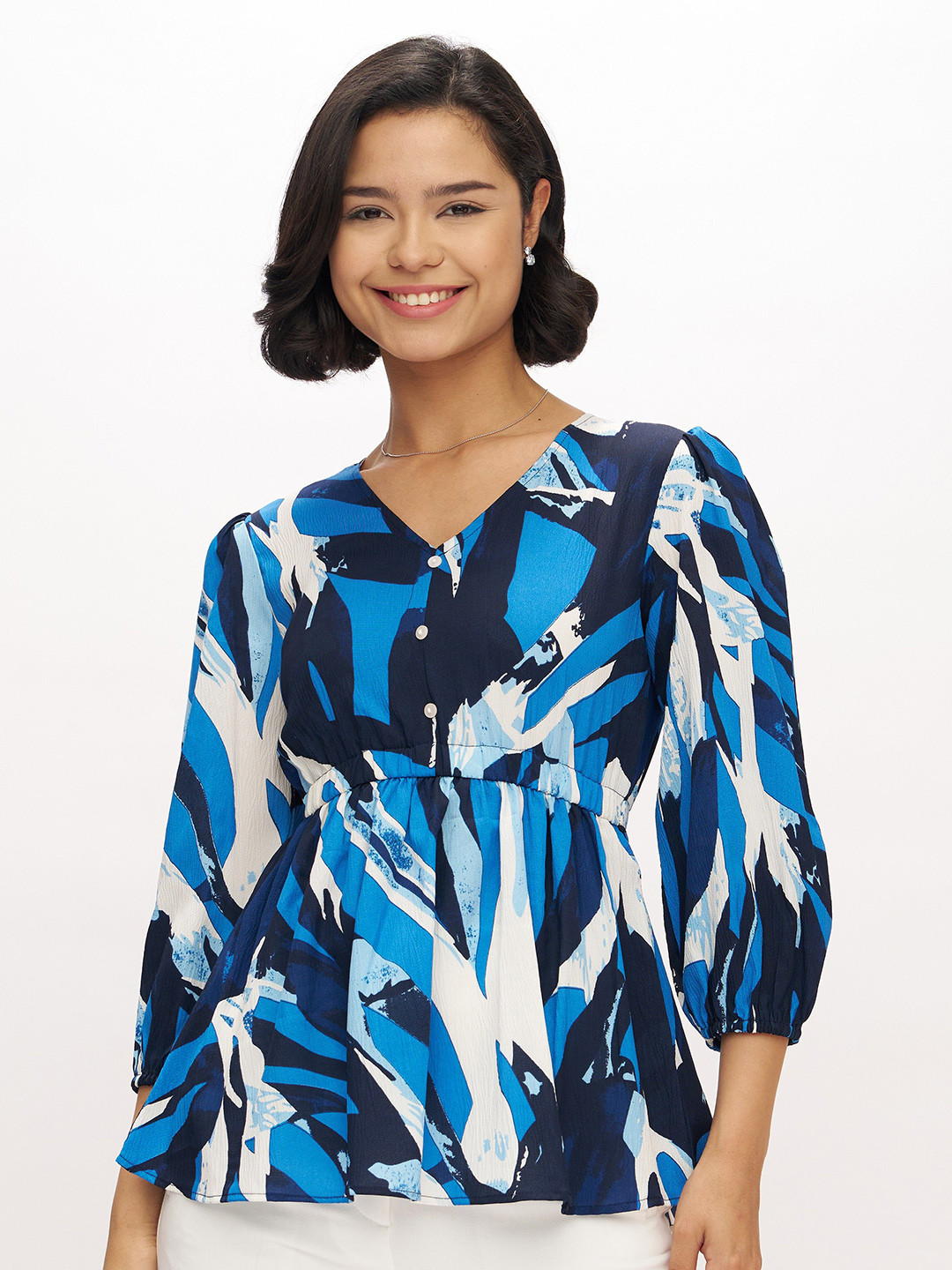 AASK Women's Polyester Printed Navy Blue Color Regular Top
