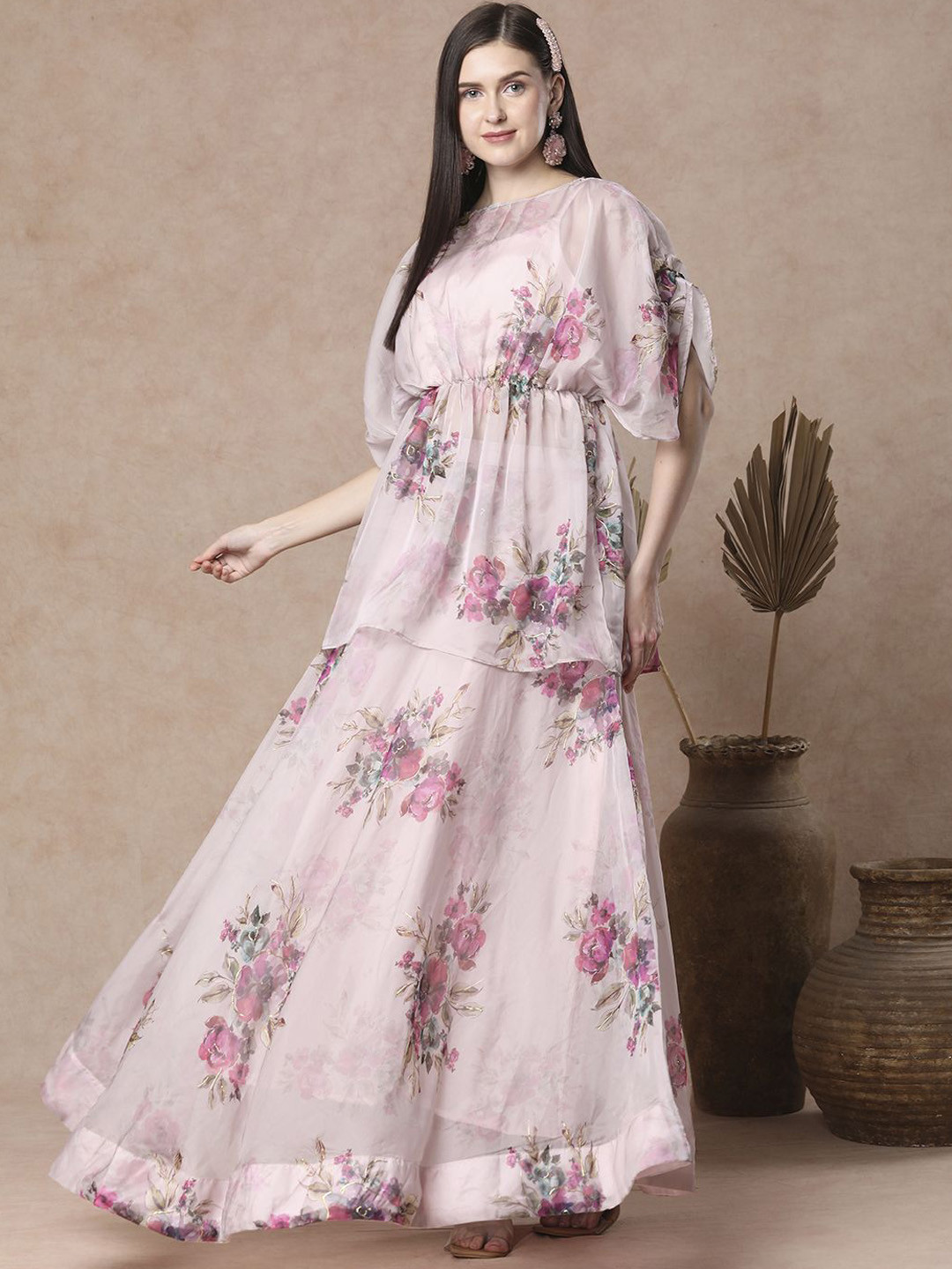 FASHOR Abstract Bold Floral Foil Printed A-Line Pleated Top & Flared Skirt Set