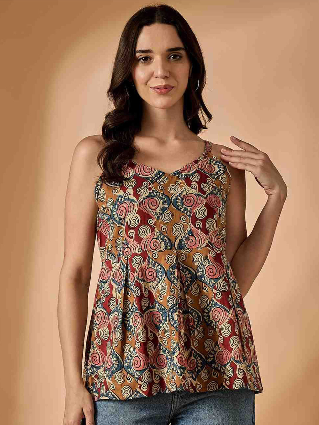 Azira Cotton Tribal Printed V-Neck Peplum Top