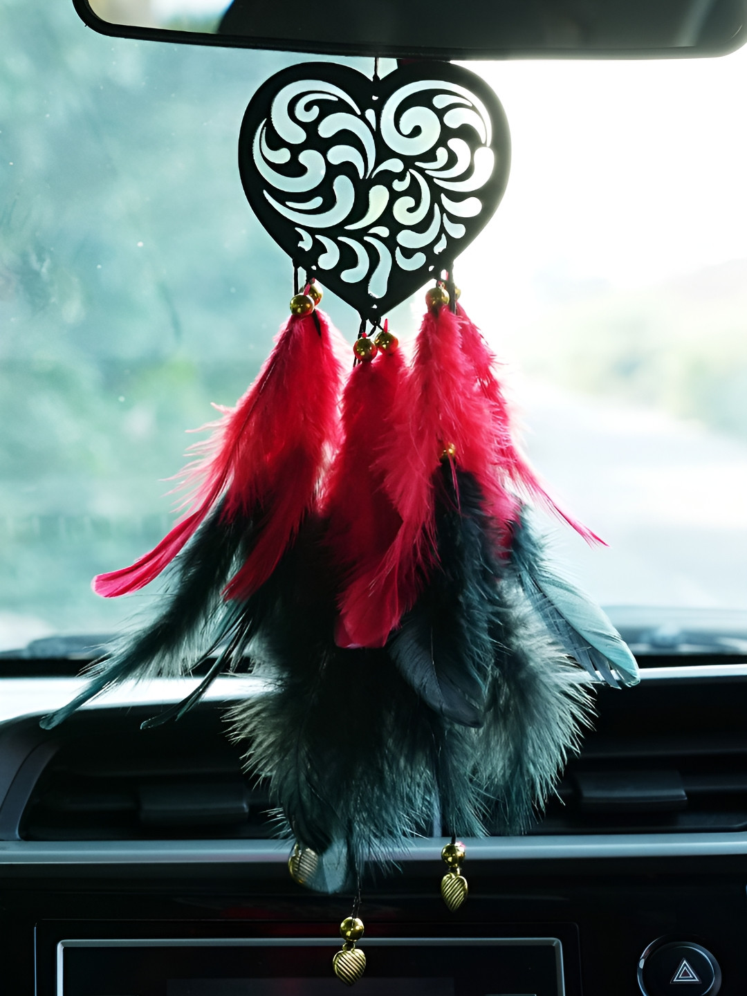 COLOR SPLASH Black & Red Heart Car Feathers Dream Catcher