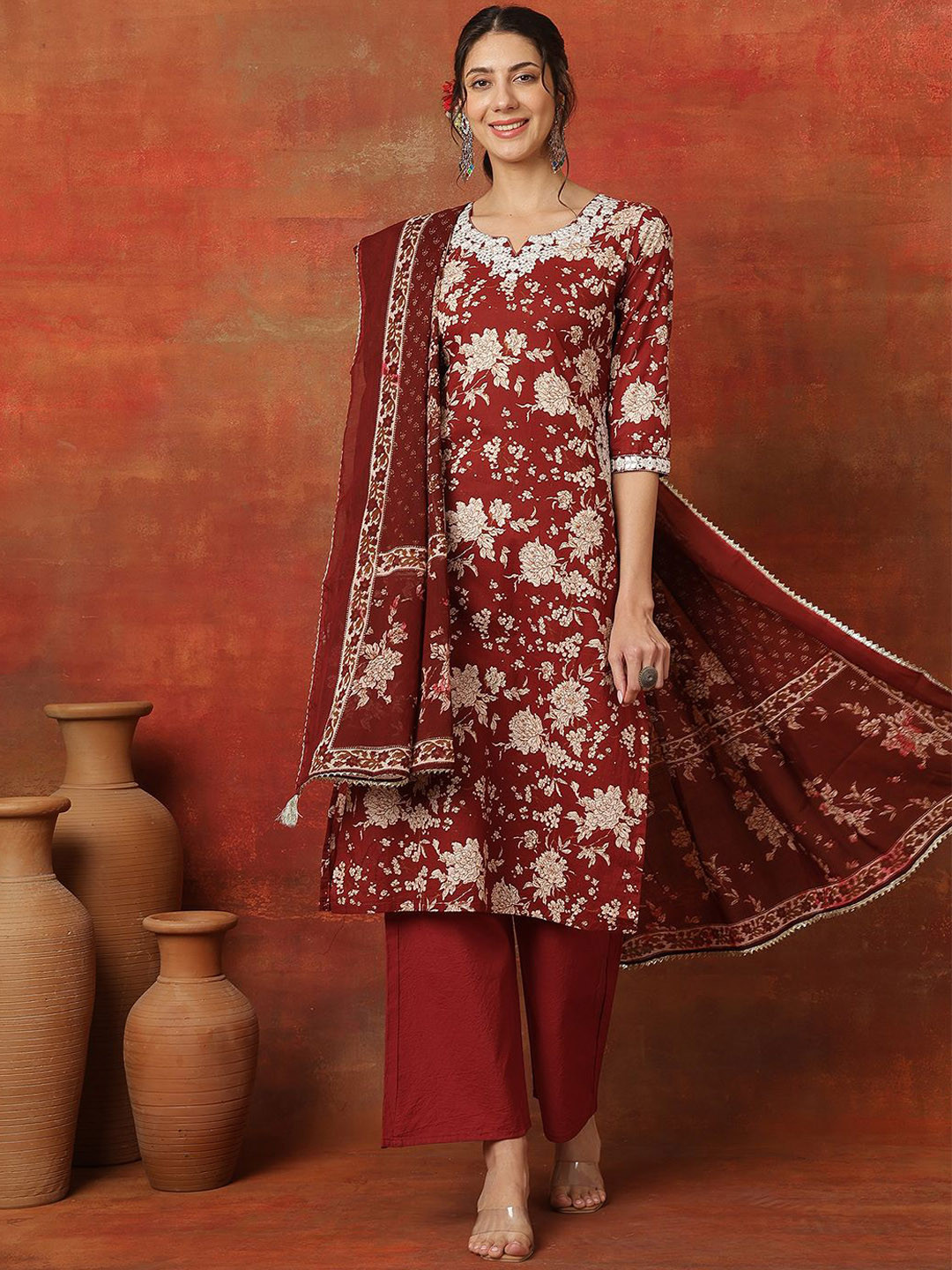 KIMAYRA Kimayra Cotton Calf Length Printed 3/4 Sleeves Round Neck Straight Kurta Suit Set