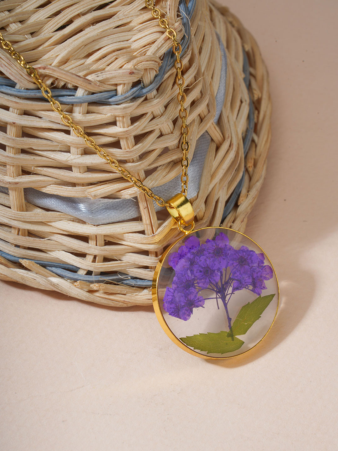 BISHTY  Gold-Plated Stainless Steel Dried Resin Real Flower Pendant with Chain