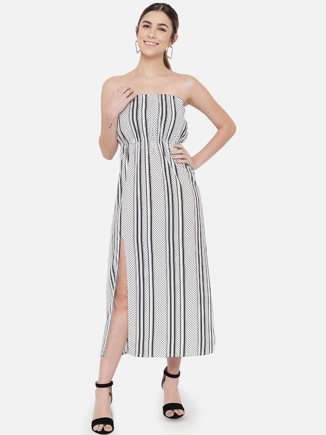 OTIRA Polka Dot Printed Strapless Slits Detail Bandeau Maxi Dress
