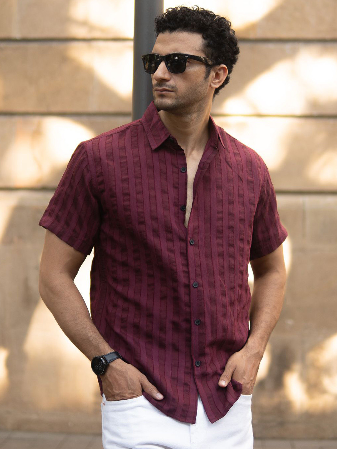 Powerlook Structured Self Striped Short Sleeves Shirt