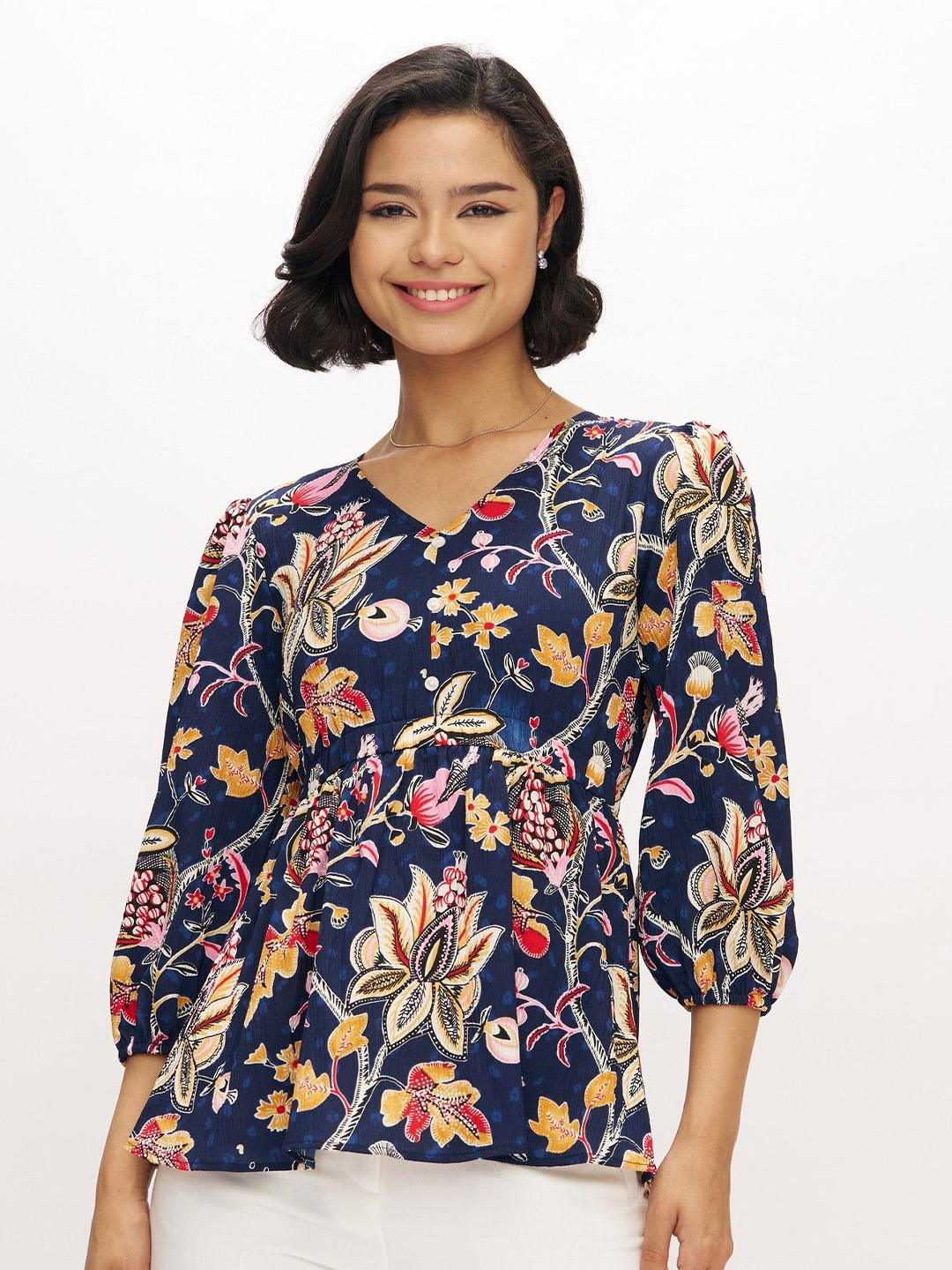 AASK Women Polyester Printed Navy Blue Color Regular Top