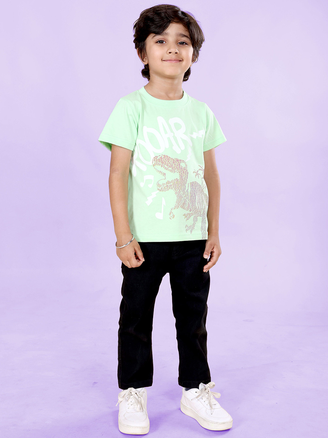 KiddoPanti Boys Graphic Roar Dinosaur Printed Round Neck T-Shirt & Jeans Clothing Set