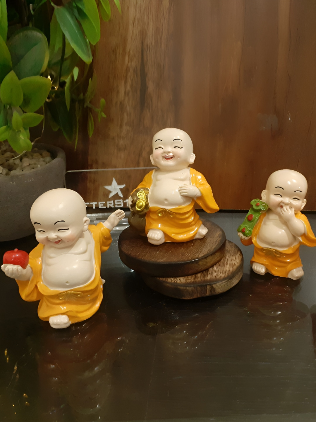 Afterstitch Dancing Monk Buddha Yellow Polyresin Natural Living Room Set of 3 Small Showpieces - 2.6 Inches