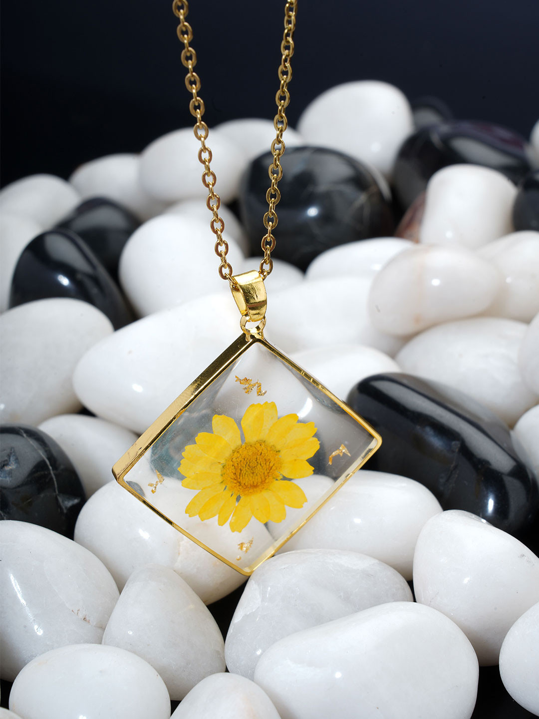 BISHTY  Gold-Plated Stainless Steel Dried Sunflower Resin Pendant with Chain