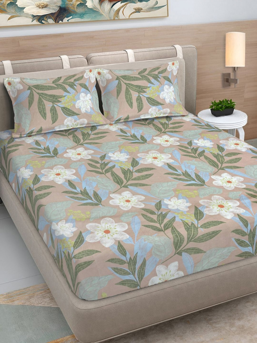 Myntra Elegant Homes Grey & White Floral 300 TC Double King Bedsheet Set-2.5mX2.25m