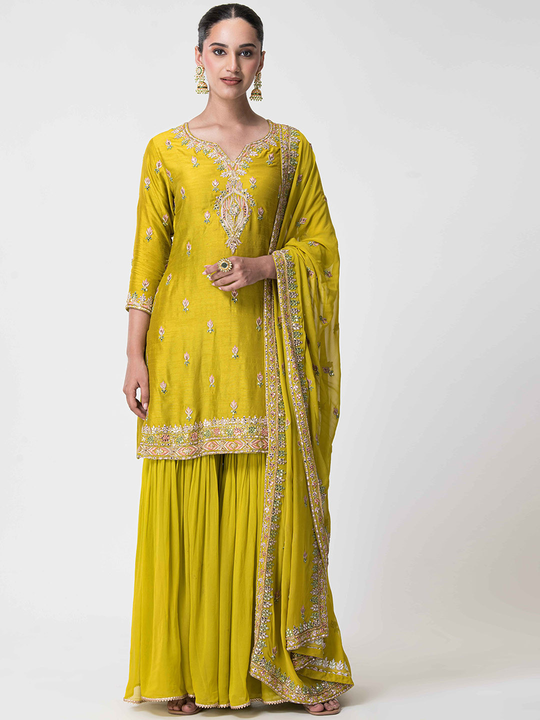 The Front Row Women Floral Embroidered Silk Kurti with Sharara & Dupatta