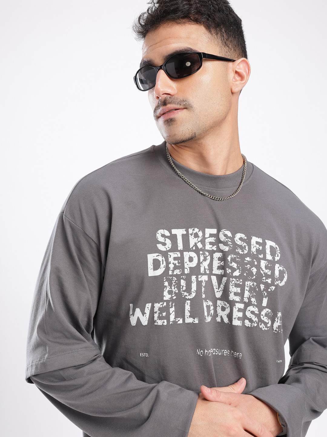 glitchez Typography Printed Layered Sleeve Relaxed Fit T-shirt