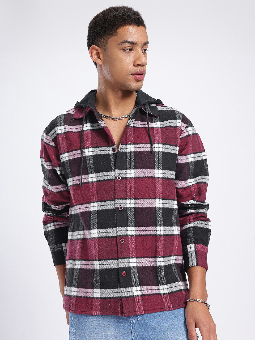 glitchez Checked Flannel Hooded Shirt