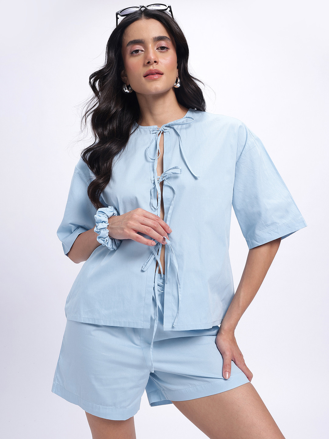glitchez Tie-Ups Cotton Drop-Sleeves Poplin Relaxed Top & Shorts with Scrunchie