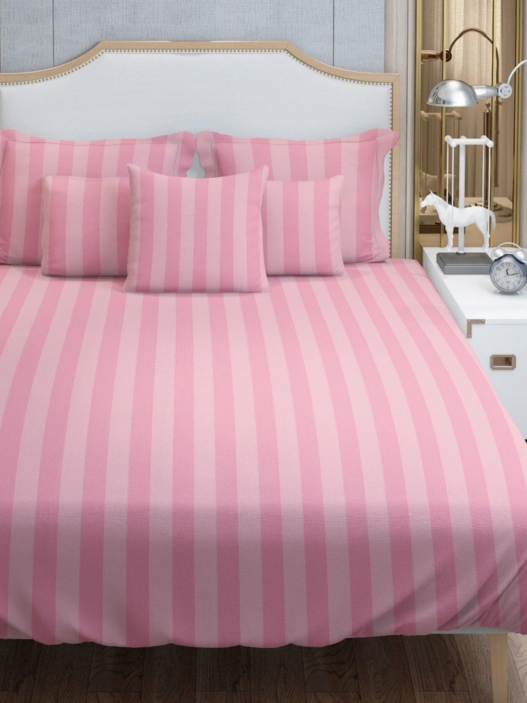 HOME PLUS STUDIOS Studios Pink Striped Cotton 250 TC King Fine Bedsheet with 2 Pillow Covers-274.32 x 284.48 cm