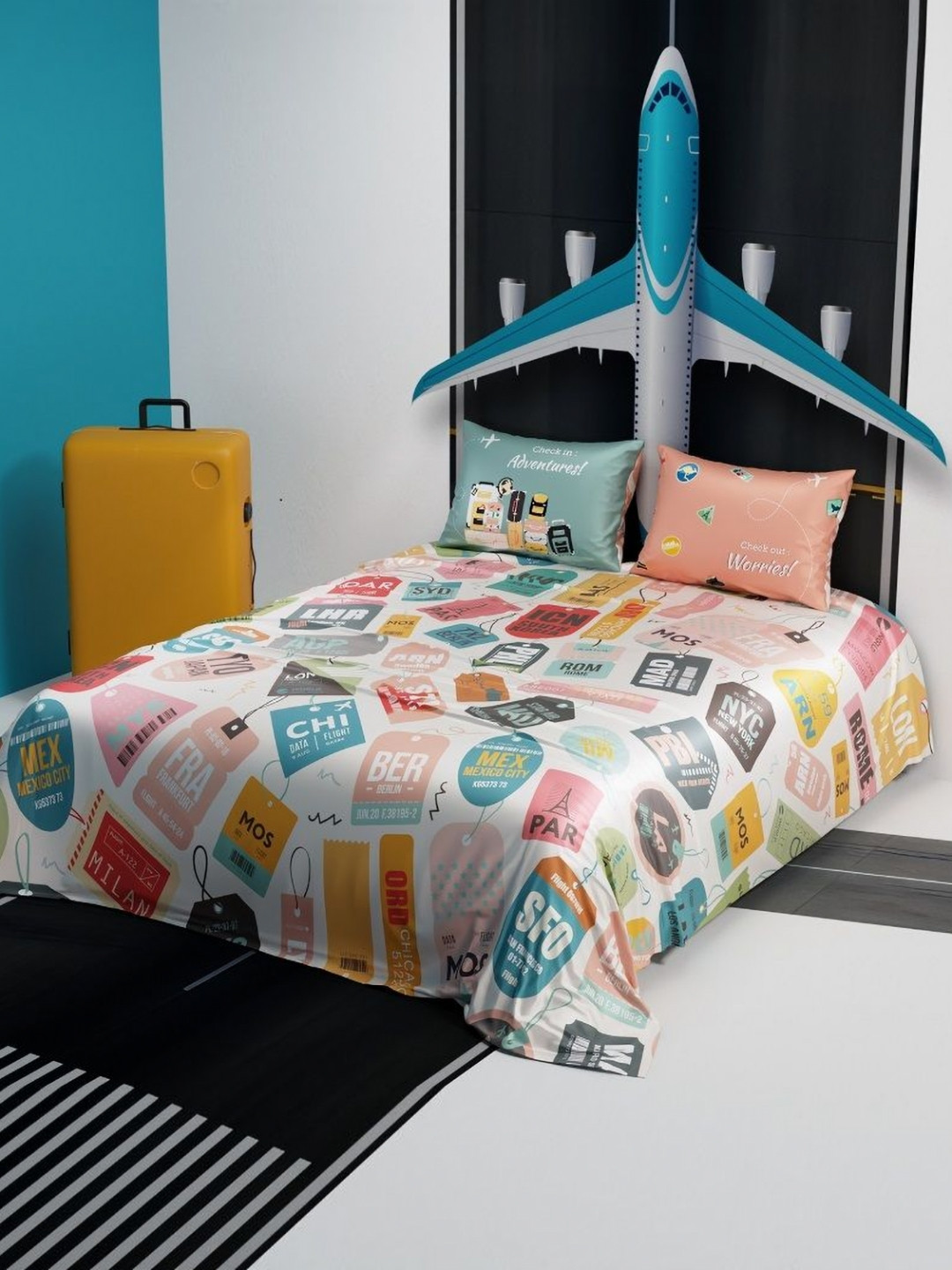 QuirkLoom Stamps White Graphic Satin 300 TC King Bedsheet with 2 Pillow Covers-90 x 108 inches