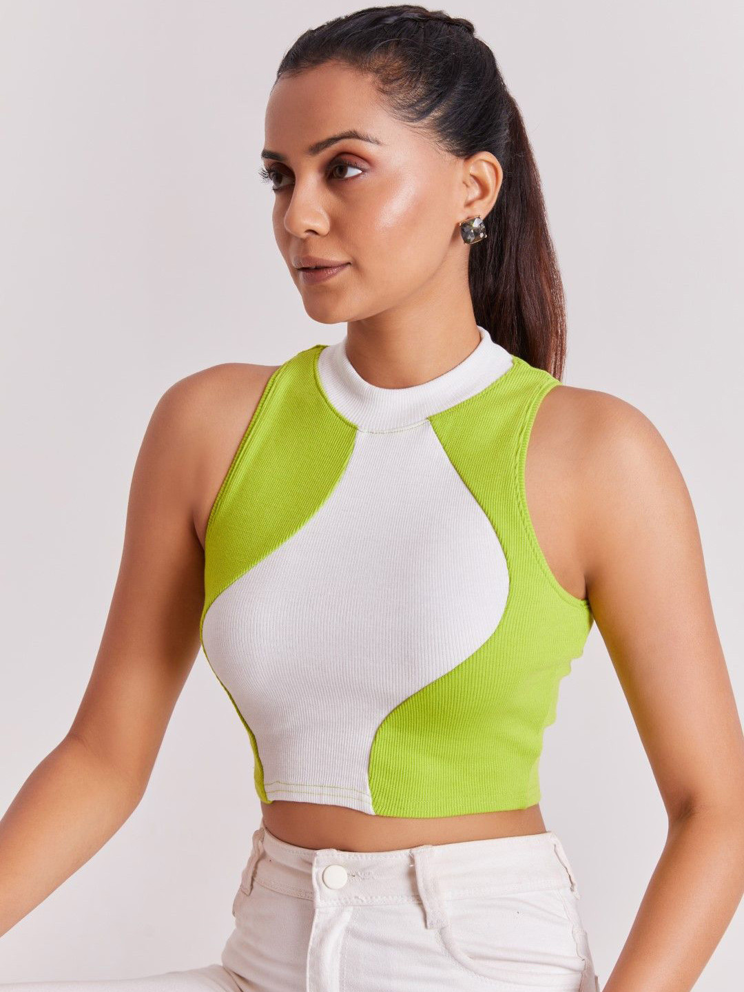 The Cloth Crow Colourblocked High Neck Crop Top