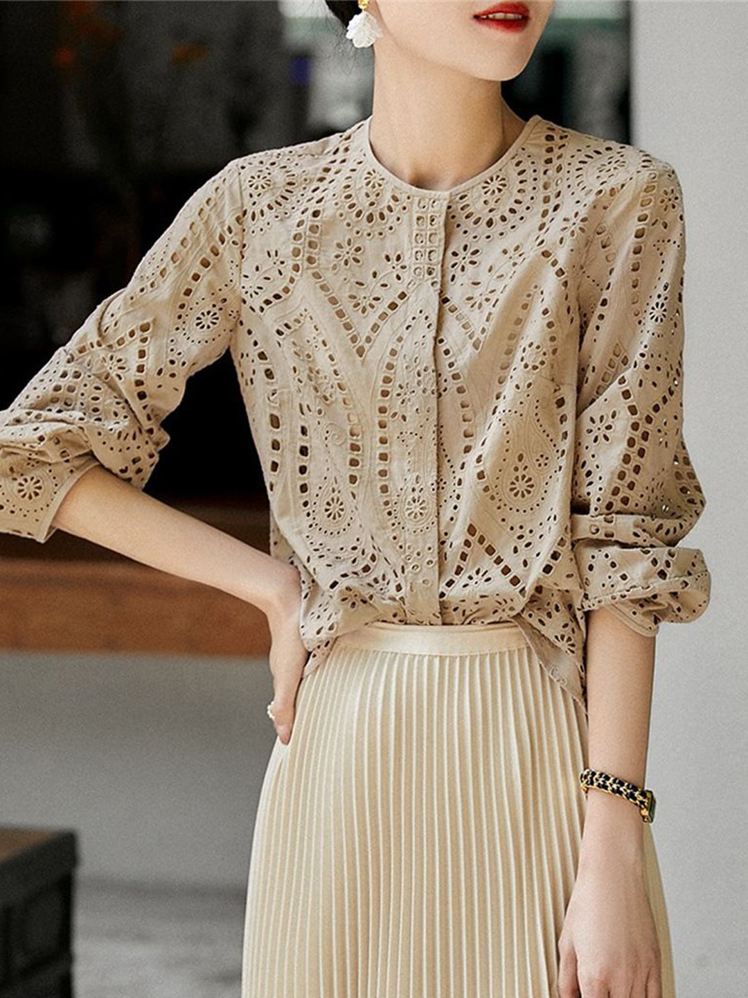 bebe Beige Eyelet Lace Round Neck Long Sleeve Shirt