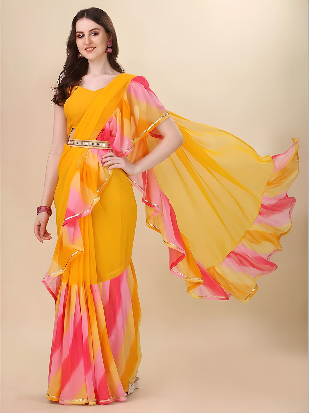 Anouk Women Striped Ruffles Belted Sarees With Blouse Piece