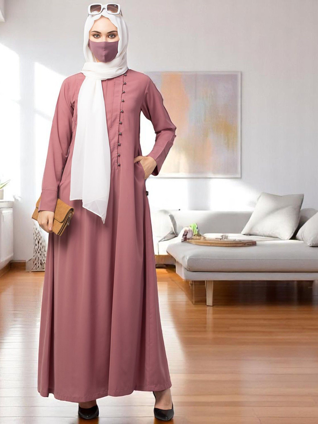 BASHARIYA Abaya With Pin Tucks & Fancy Buttons Straight Sleeves With Mouthpiece