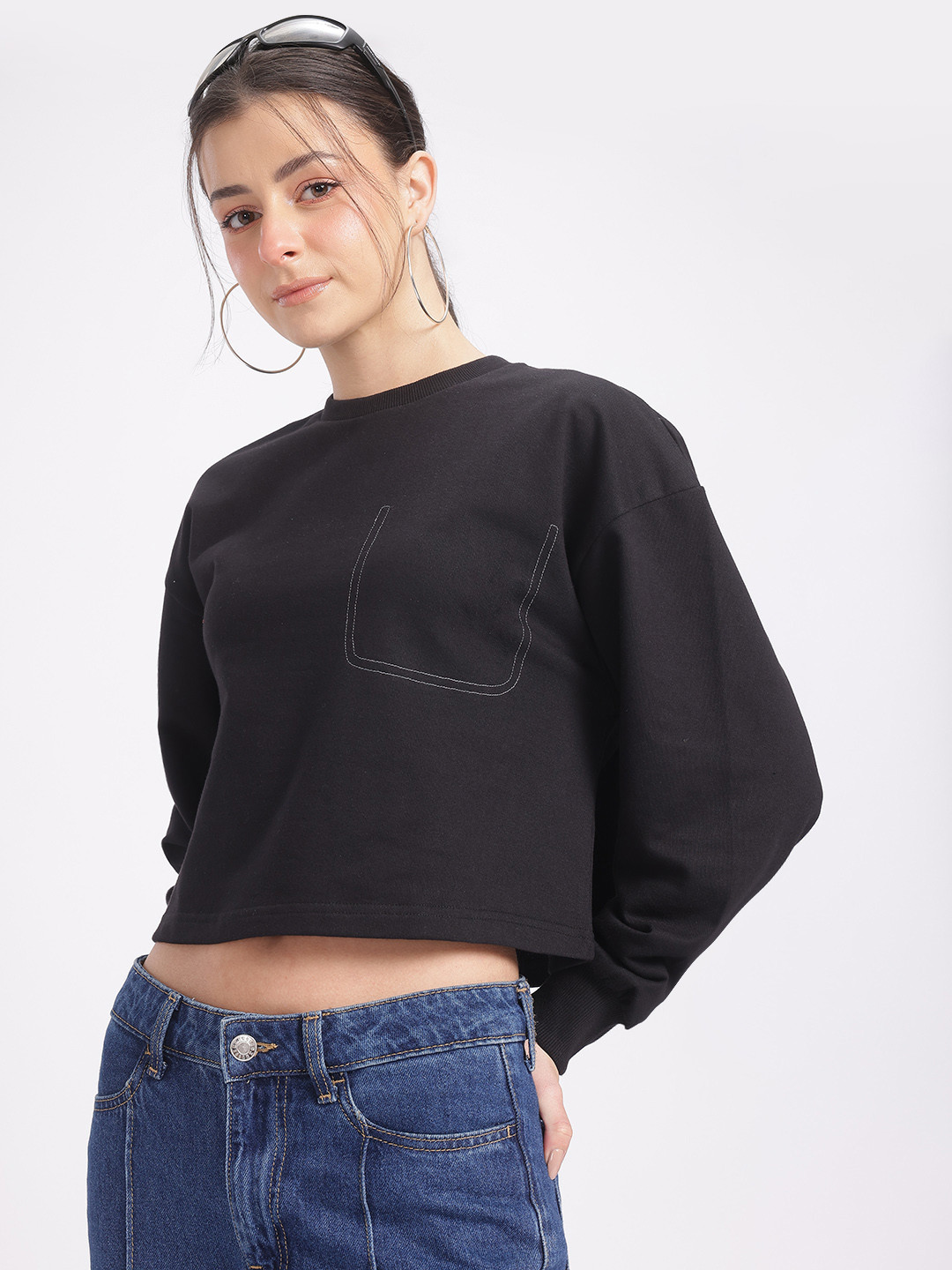 glitchez Monochrome Contrast Stitch Drop-Shoulder Cropped Sweatshirt