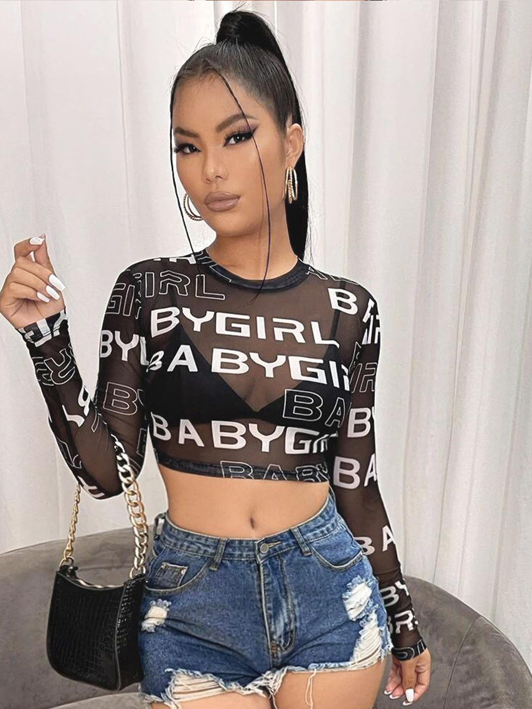 Stylecast X Slyck Typography Print Sheer Crop Top