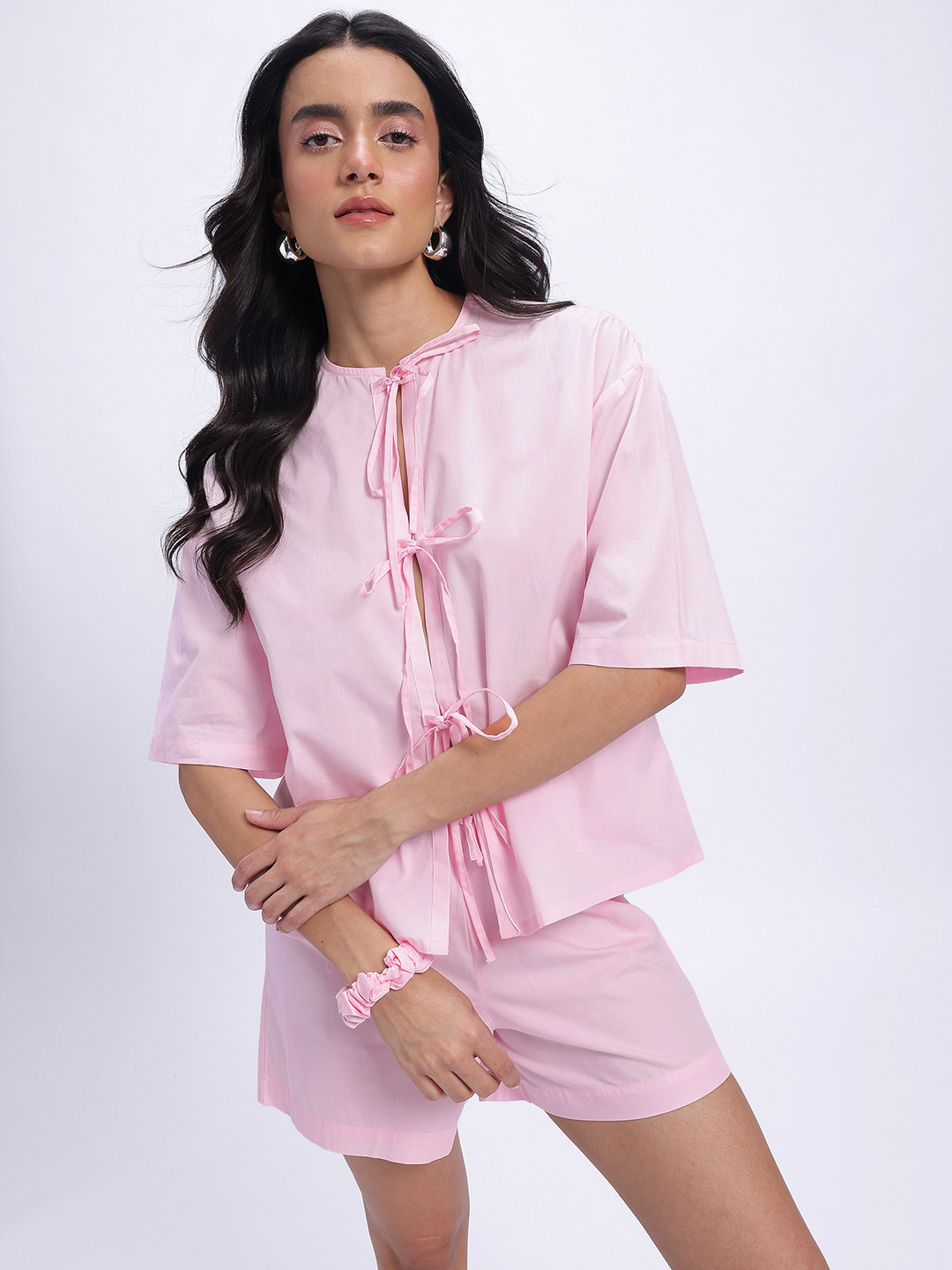 glitchez Tie-Ups Pure Cotton Drop-Sleeves Poplin Relaxed Top & Shorts with Scrunchie