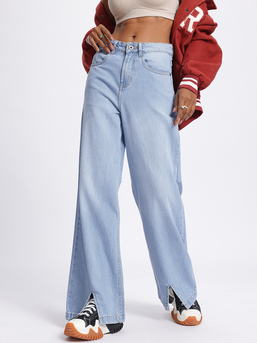 glitchez Women Classic Cuts Baggy Wide Leg Slit Jeans