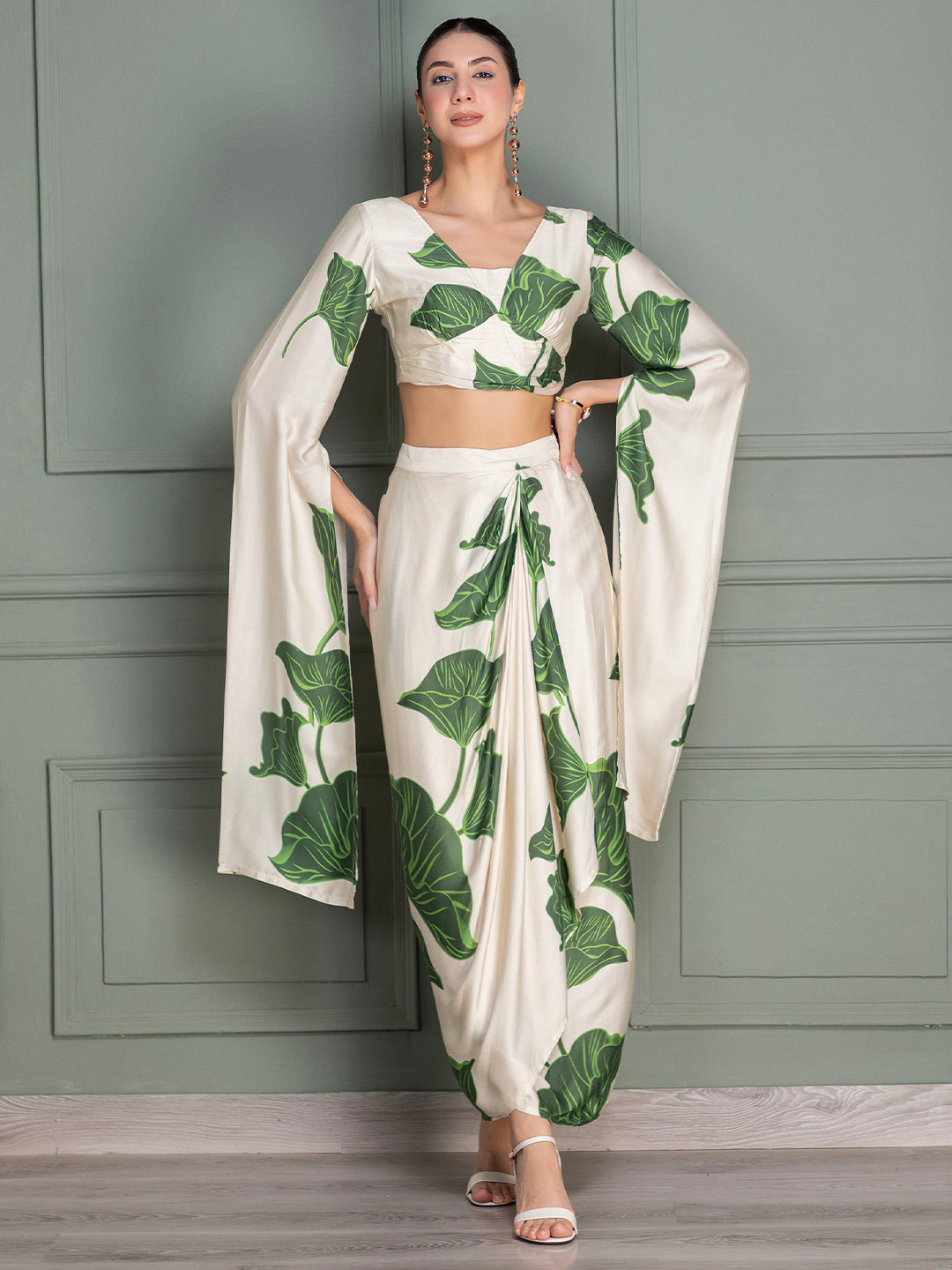 SEW Floral Printed Drape Top With Dhoti Skirt Co-Ords