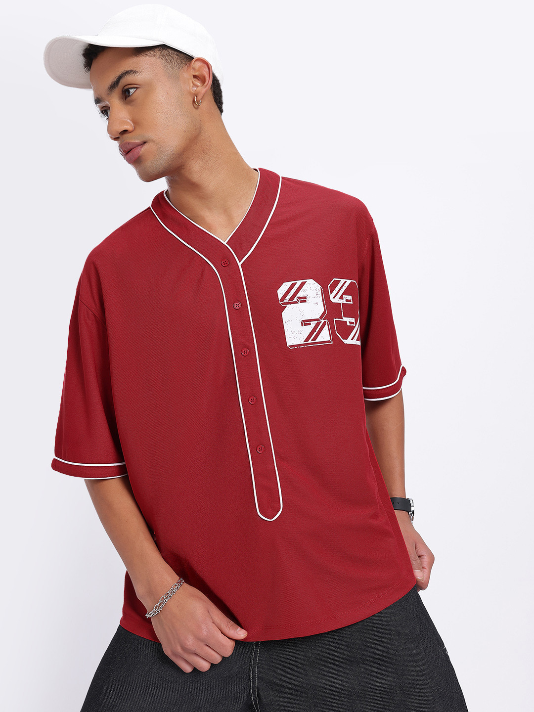 glitchez Printed Detail Relaxed Baseball Shirt
