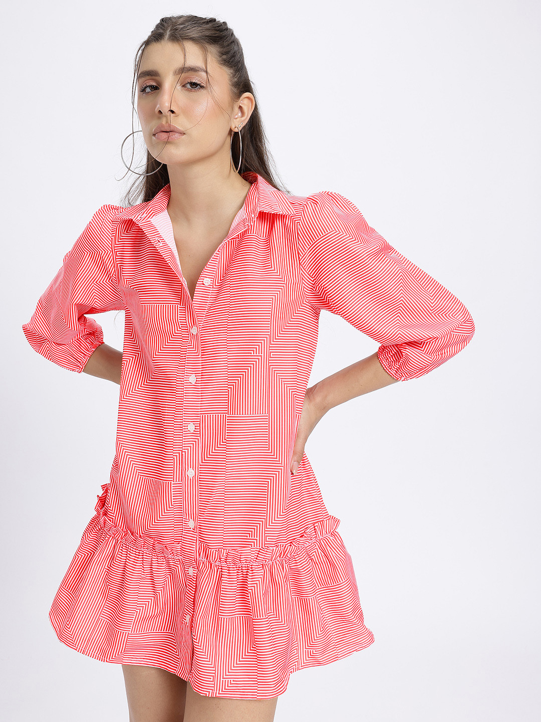 glitchez Ruffled Detail Puff Sleeves Mini Shirt-Style Drop-Waist Dress