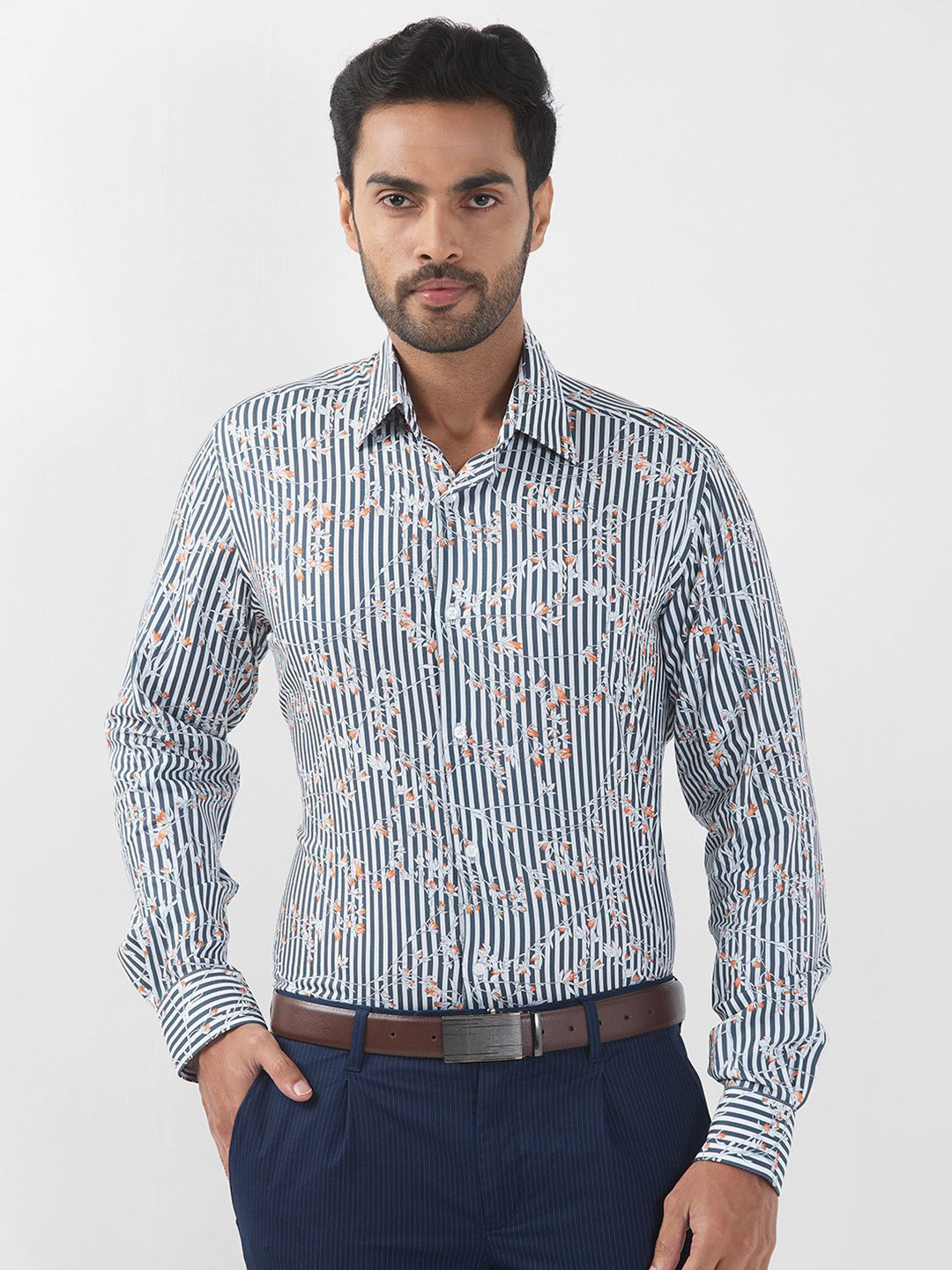 Raymond Floral Printed Cutaway Collar Formal Cotton Shirt