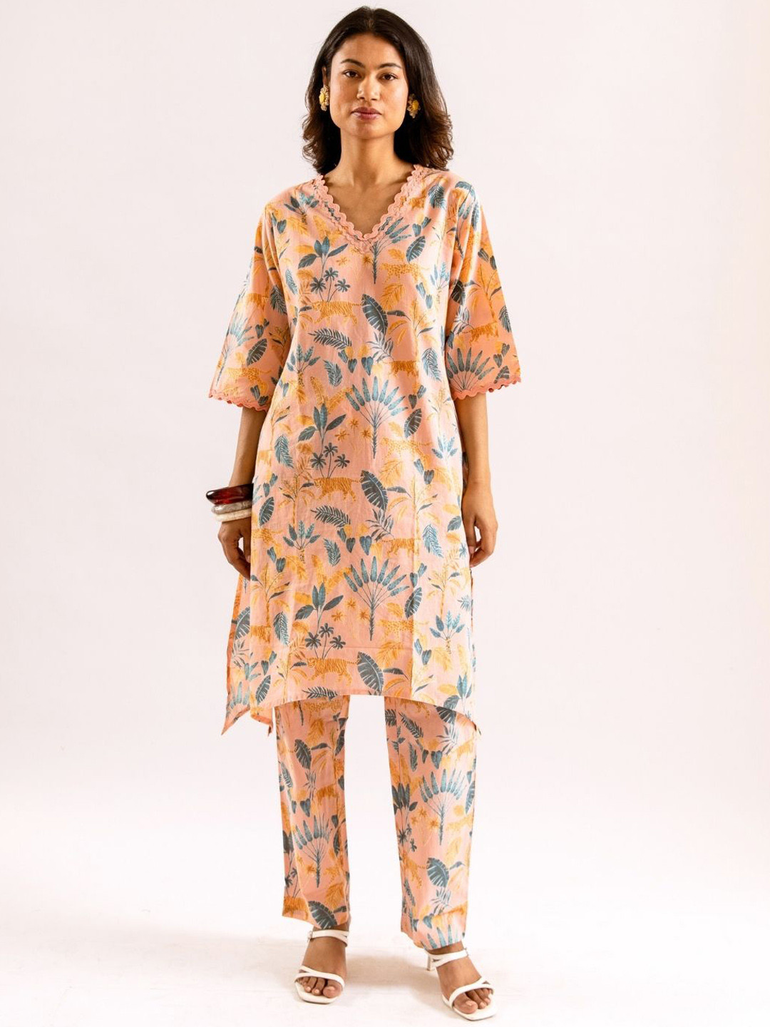 FEATHERS CLOSET Peach Exotic Tiger Printed Lace Cotton Long Co-Ord Set