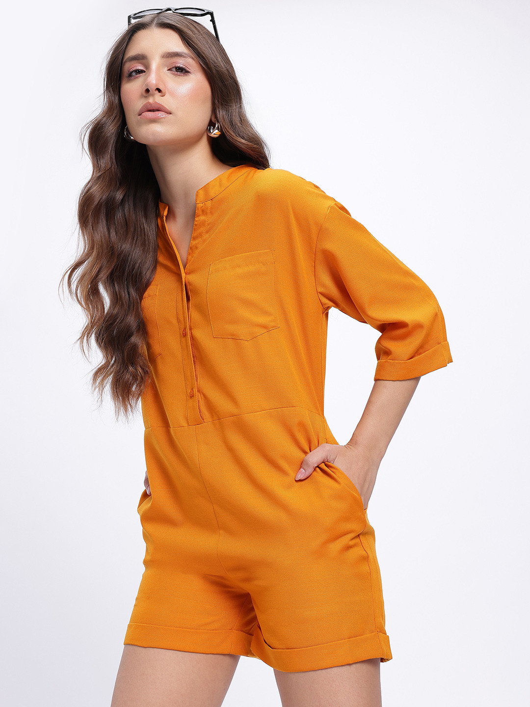 glitchez Mandarin Neck Regular Fit Playsuit