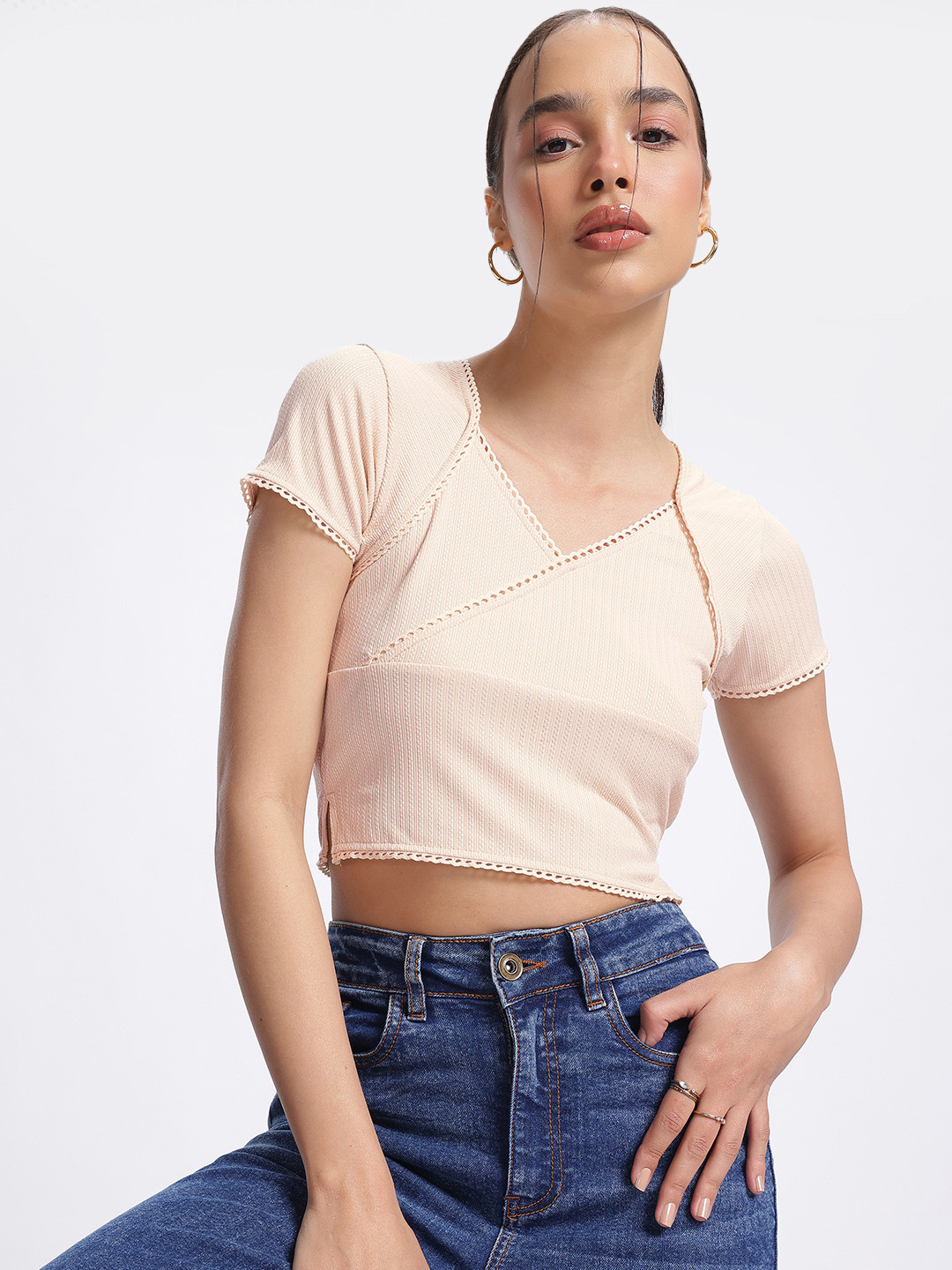 Cream Solid Sweetheart Neck Crop Top