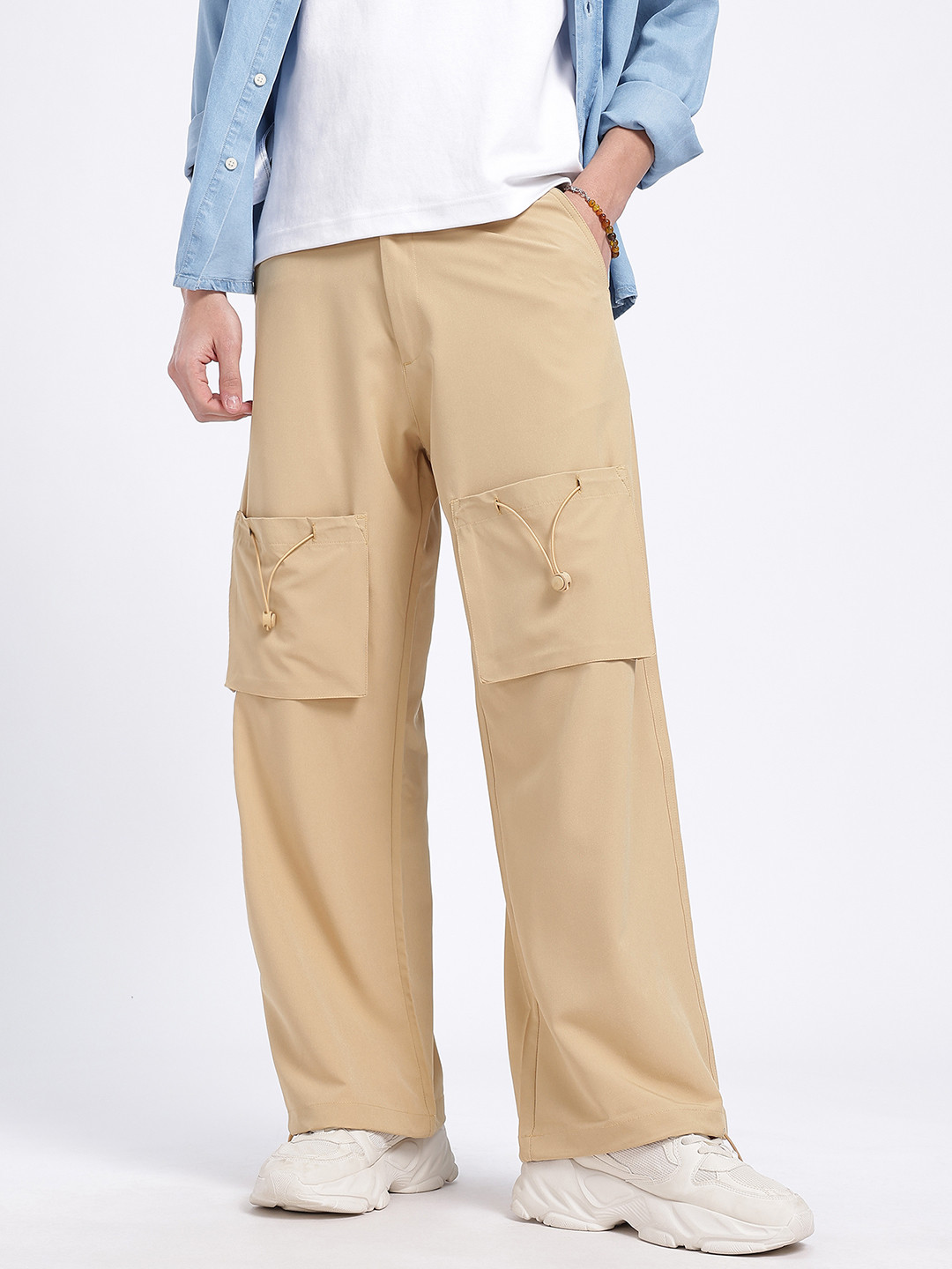 Khaki Loose Fit Cargo Trousers with Toggle Detail