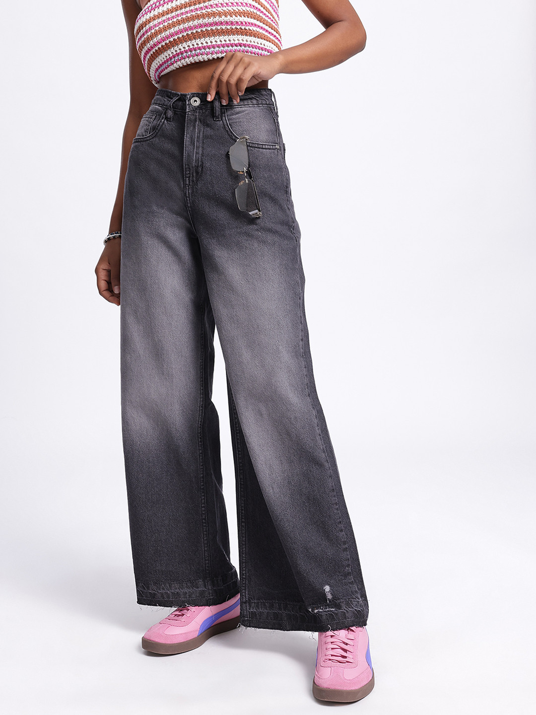 glitchez Women High-Rise Pure Cotton Heavy Fade Baggy Wide Leg Fit Jeans