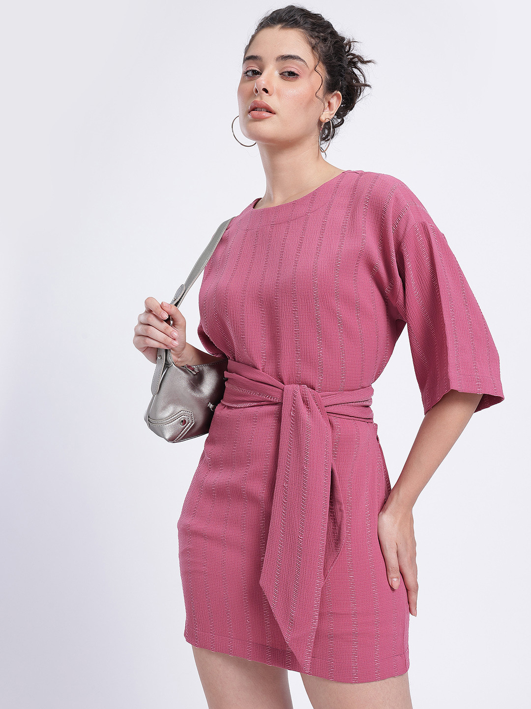 glitchez Stripe Tie-Up Waist Sheath Mini Dress