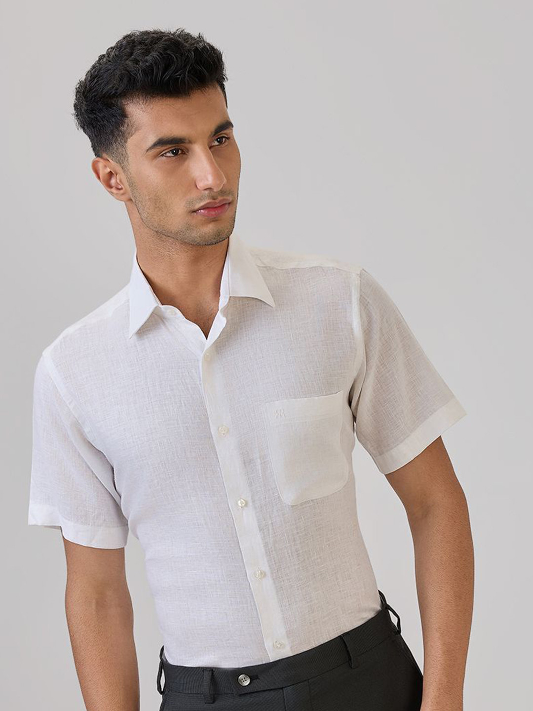 Raymond Chambray Men Cutaway Collar Pure Linen Formal Shirt