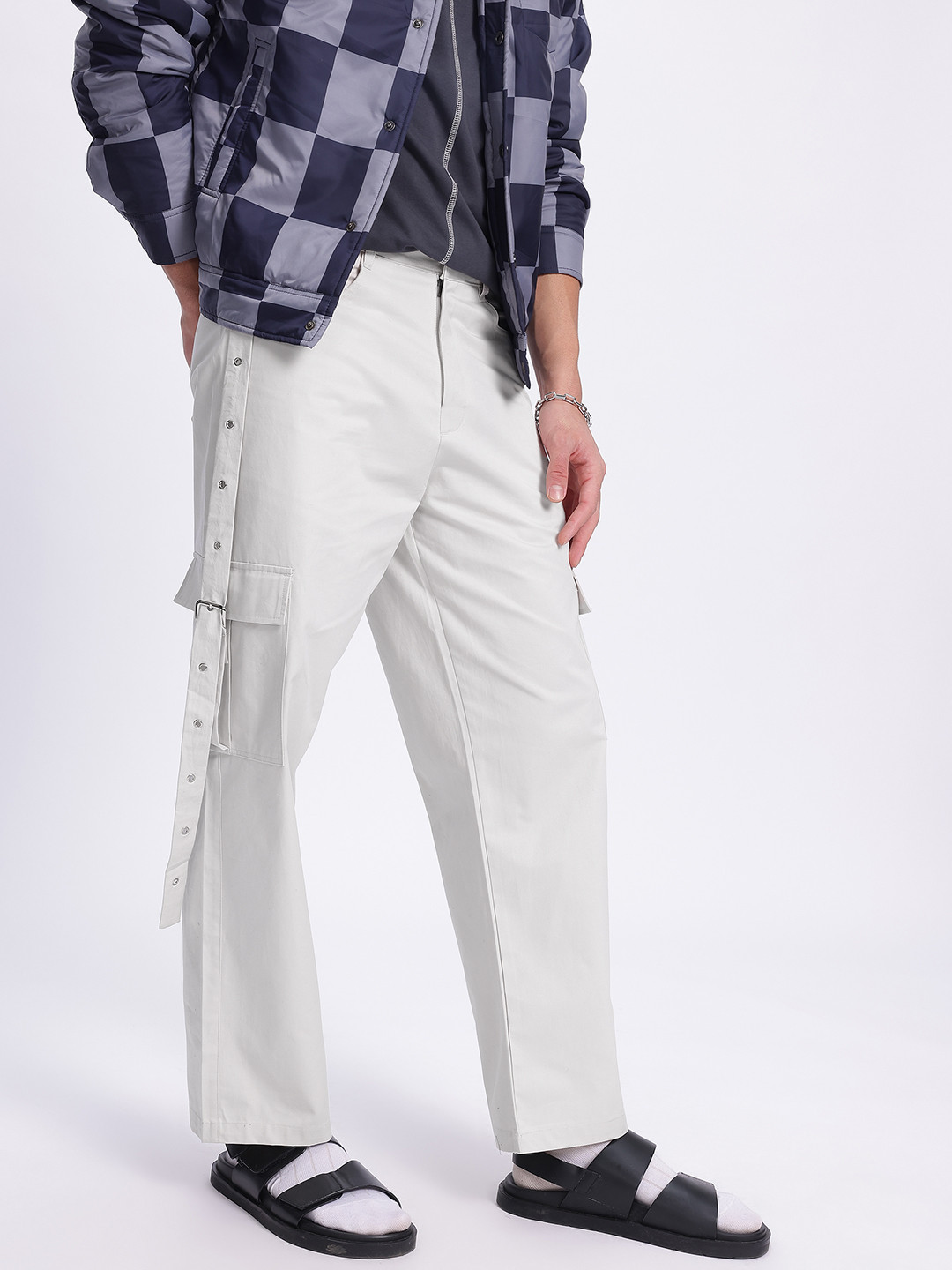 glitchez Men Belted Straps Straight Fit Trousers