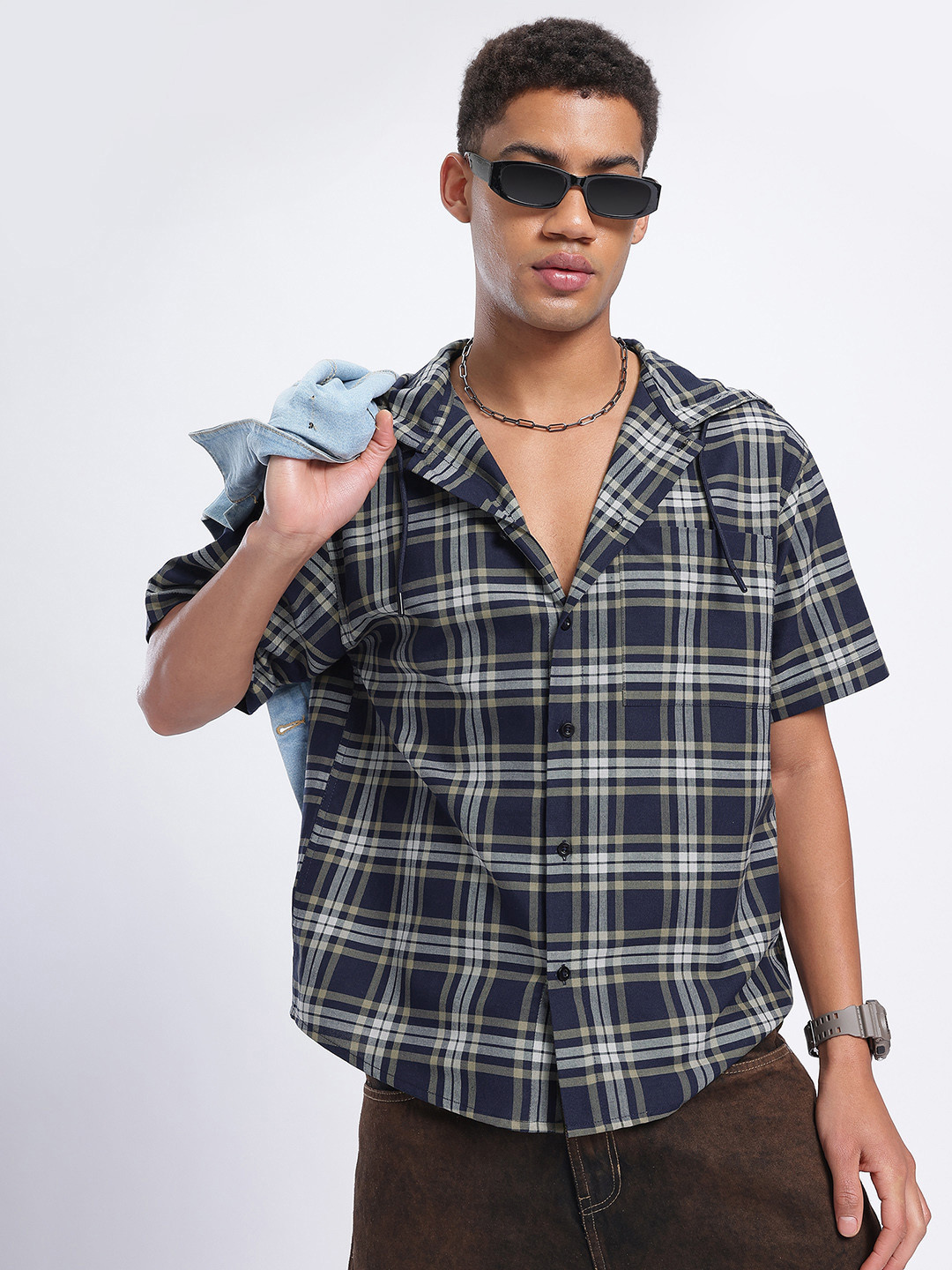 glitchez Casual Grid Checkered Hooded Relaxed Shirt