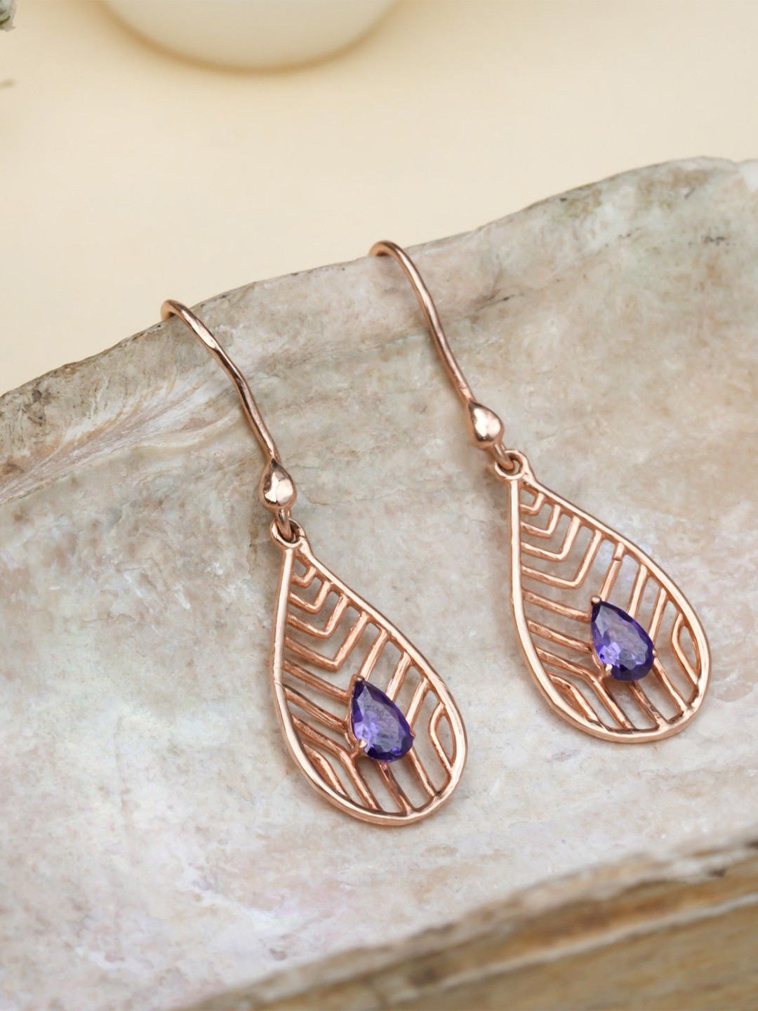 Orebella 925 Sterling Silver 18k Gold Plated Purple Cubic Zirconia Studded Drop Earrings
