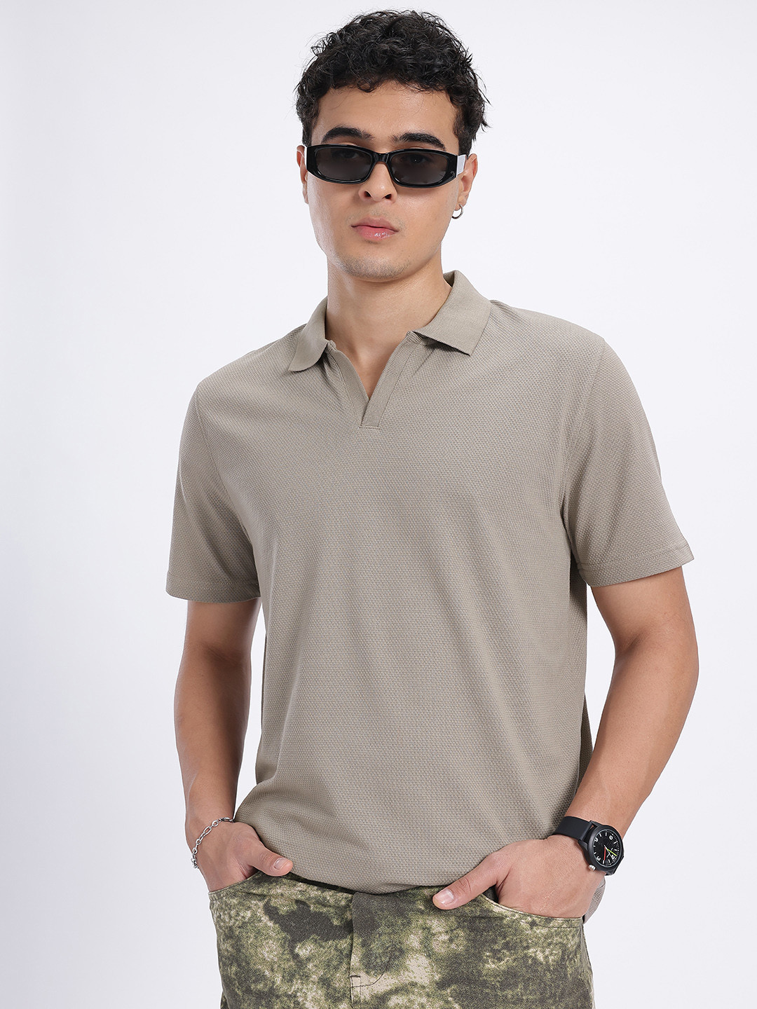 glitchez Textured Polo Collar Relaxed T-shirt