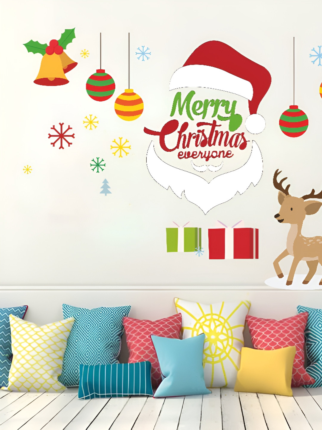 LANSTICK Red & White Merry Christmas Santa Face Self Adhesive Wall Sticker
