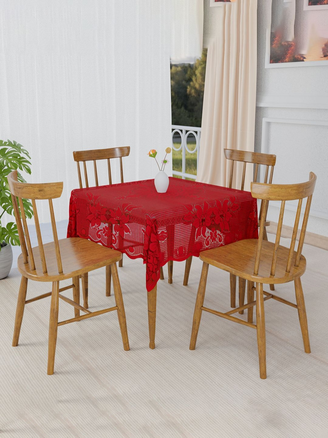 Aura Self Flower -Maroon 40x40 Inches Cotton 4 Seater Square Table Cover