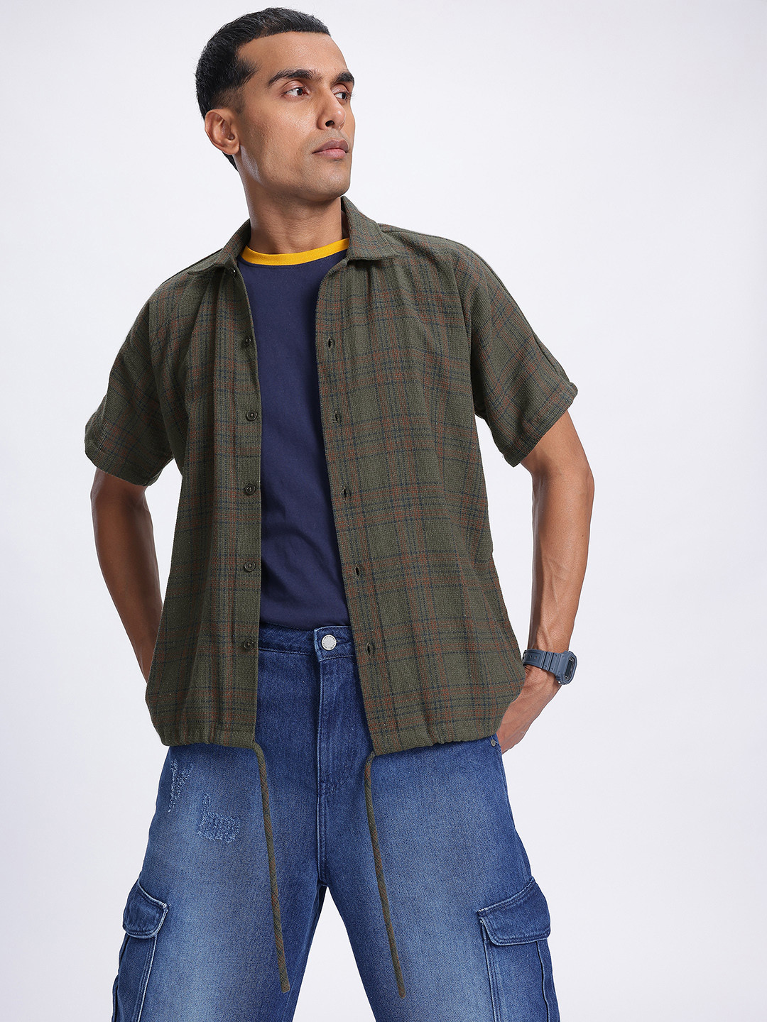 glitchez Plaid Twist Checked Tie-Up Shirt