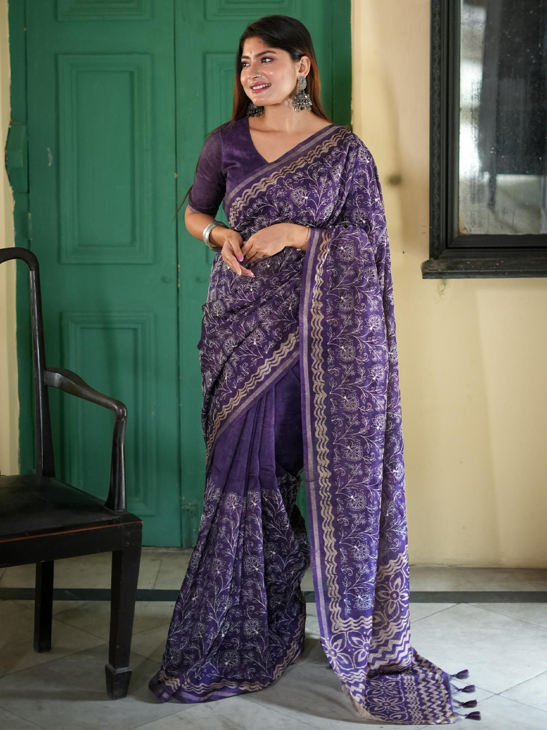 LeeliPeeri Designer Women Batik Embroidered Silk Blend Tussar Saree