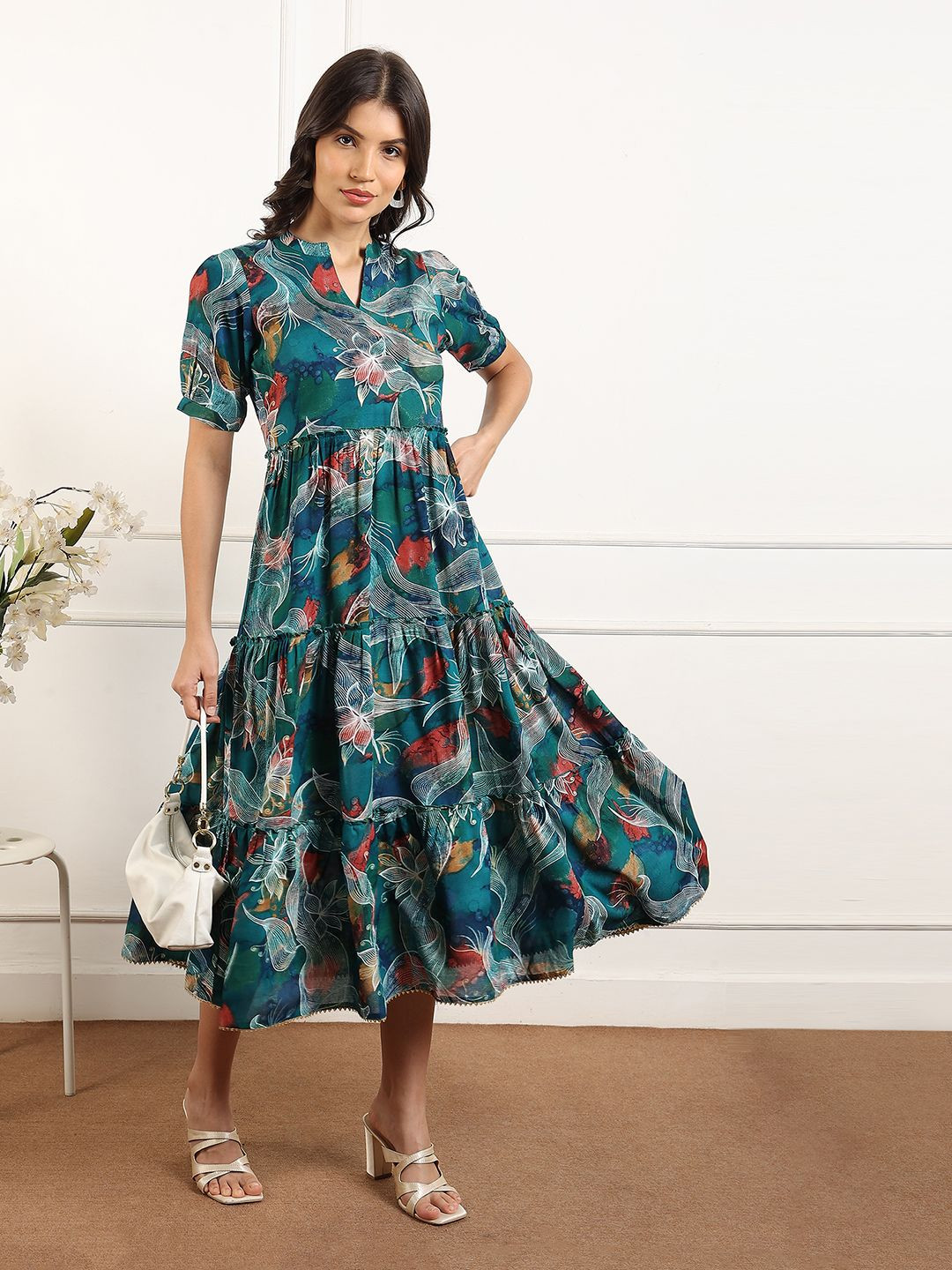 DUMMY SHAPE Women Floral Print Puff Sleeve Tiered Fit & Flare Midi Dress